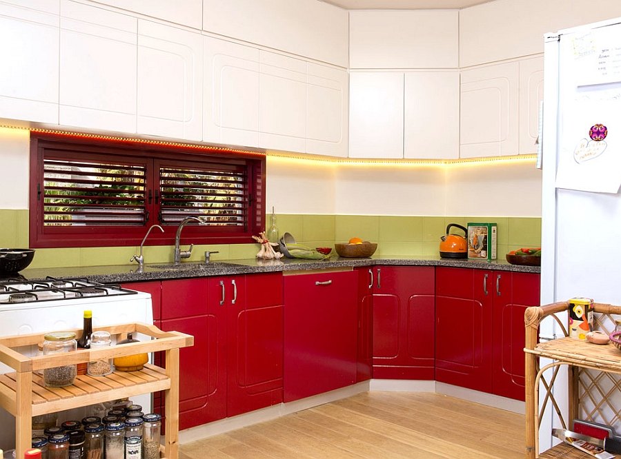 Painted red cabinets in the kitchen after renovation