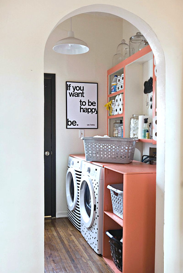 Peach laundry room shelving