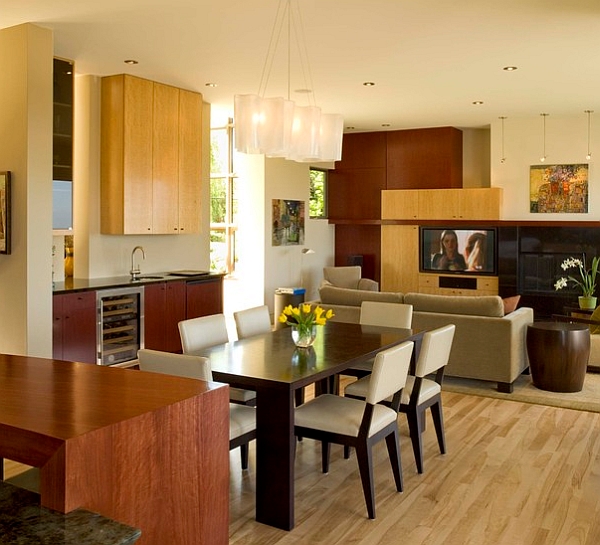 Pendant light above seems to define the dining area here