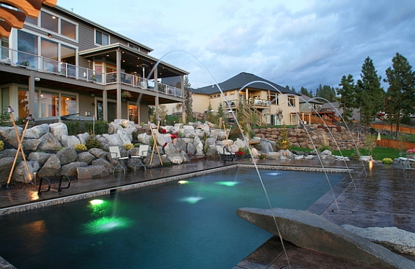 Poolside lighting with Tiki torches