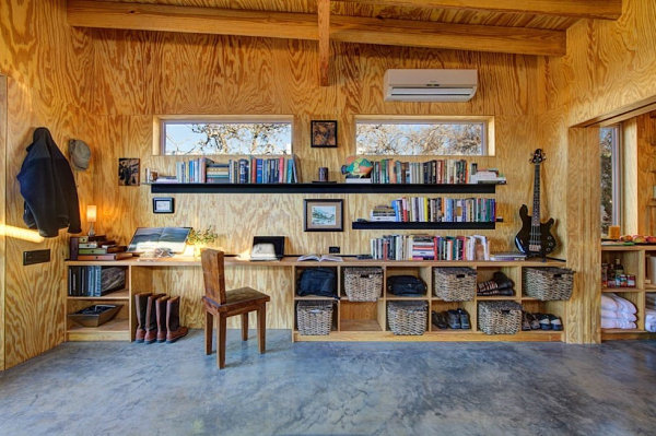 Rustic shelving in a cabin-like space
