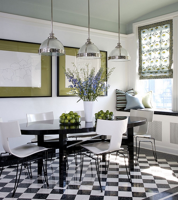 White dining table with 2024 black chairs