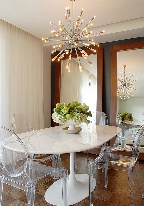Sputnik chandelier sheds some light on the Saarinen tulip base table and the Ghost Chairs
