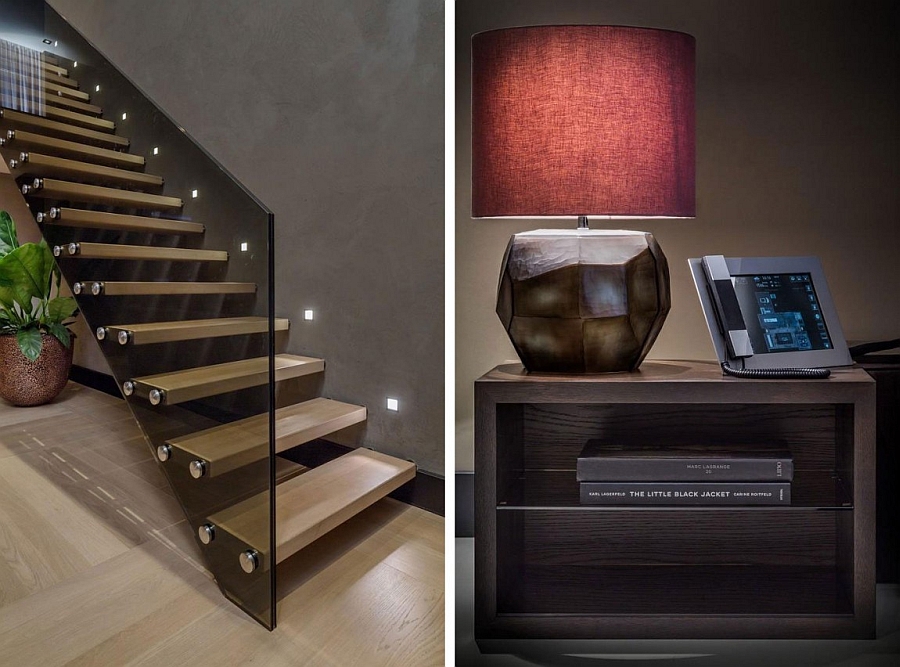 Staircase with glass railing and cool table lamp in red