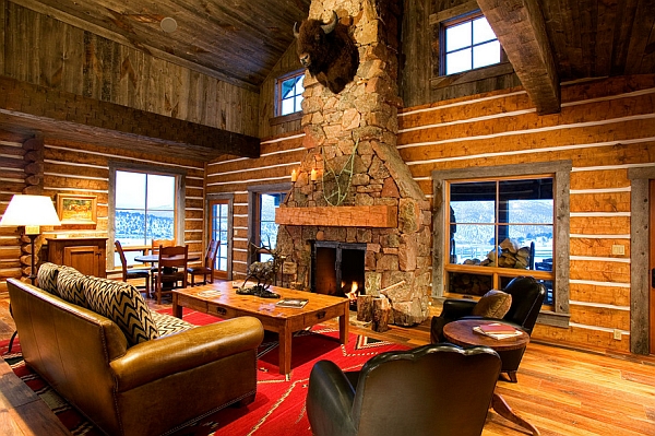 log cabin interior fireplace