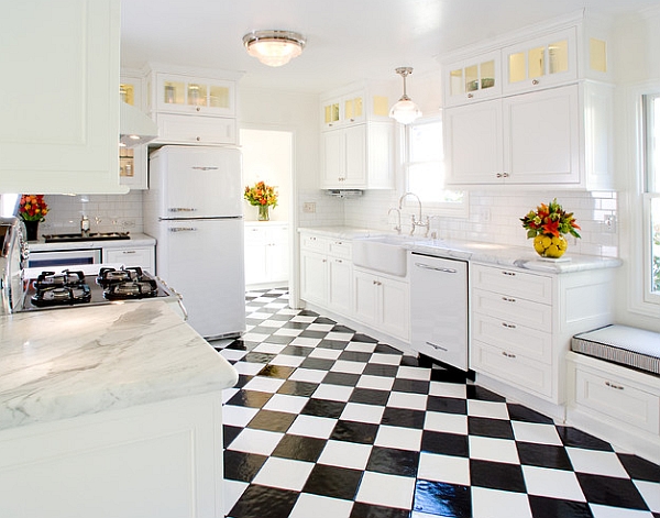 Stylish retro kitchen uses clean lines with easily interchangeable pops of color