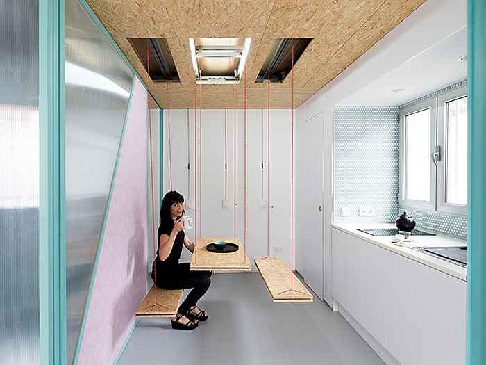 Suspended picnic bench and seating in dining room