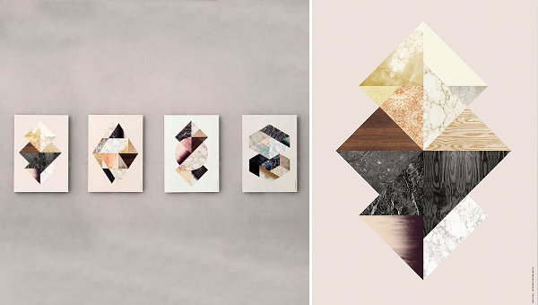 Textures of wood and stone in artwork from Ferm Living