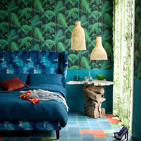 Tropical bedroom featuring shades of blue and green