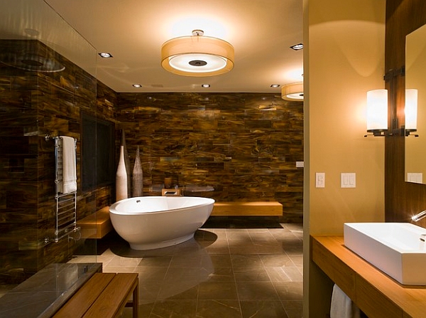 Utilize the corner area with a uniquely shaped freestanding tub