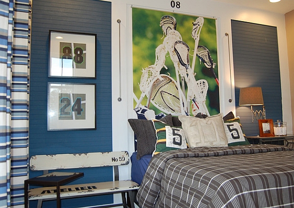 Wall mural and framed jersey numbers add color to the room