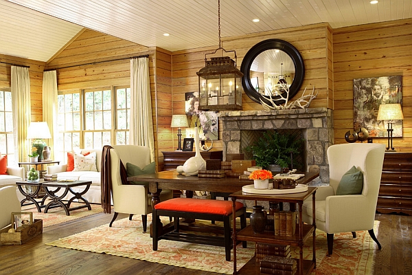 Wooden wall paneling makes a visual difference to the winter cabin style