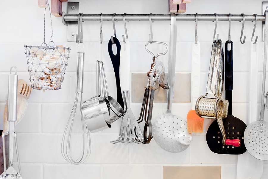 hanging cutlery in the kitchen saves up space