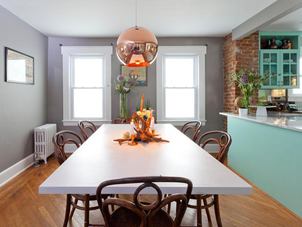 Gray Transitional Dining Room With Copper Pendant Light