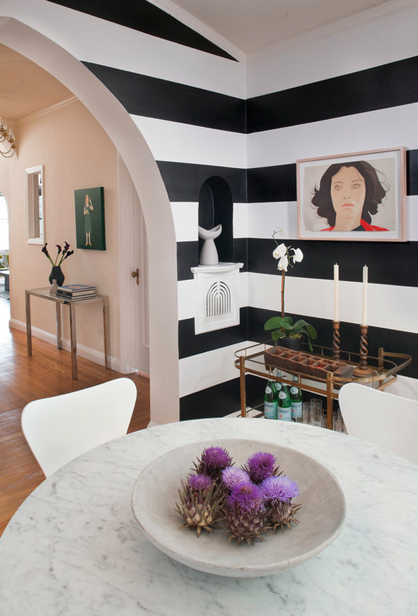 black and white horizontal striped walls