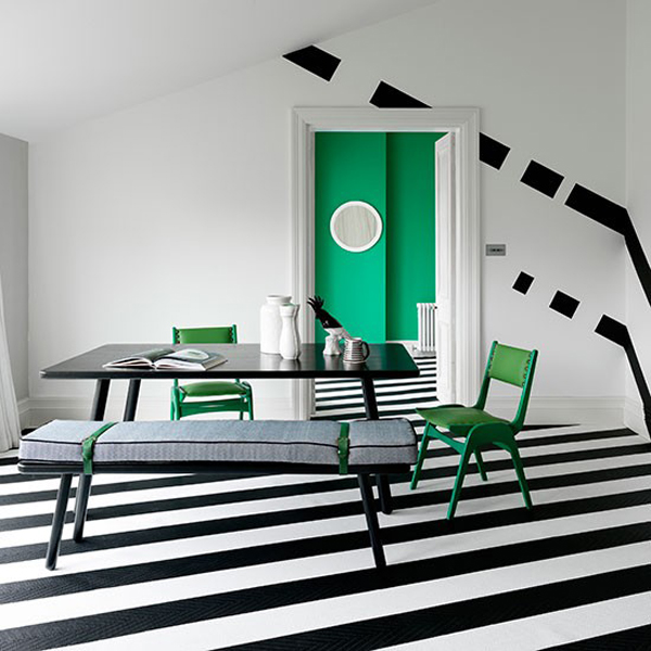 black and white horizontal striped walls