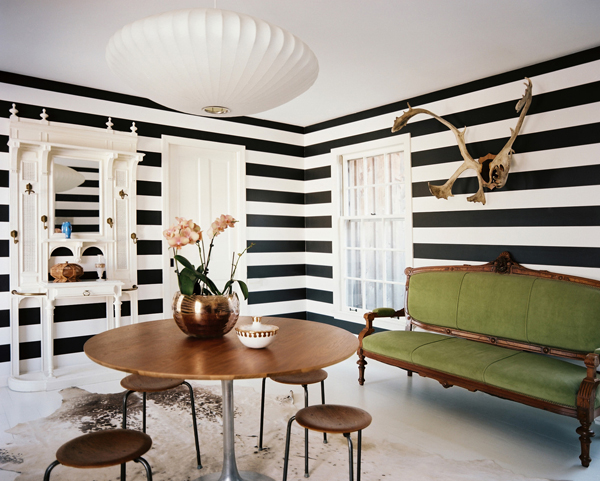 black and white horizontal striped walls