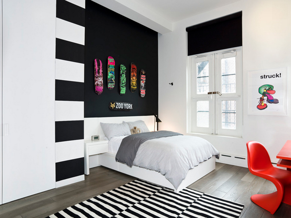 black and white horizontal striped walls