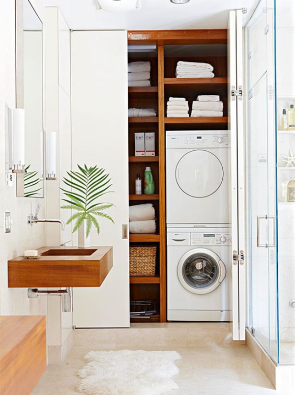 Hideaway laundry with teak sink