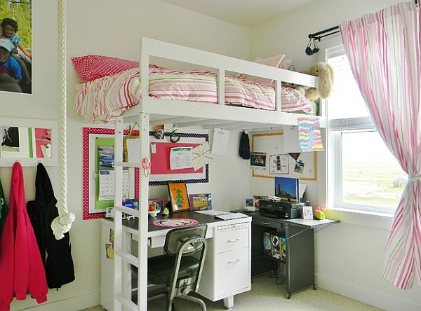 A simple loft bed with a work table underneath saves up on ample space