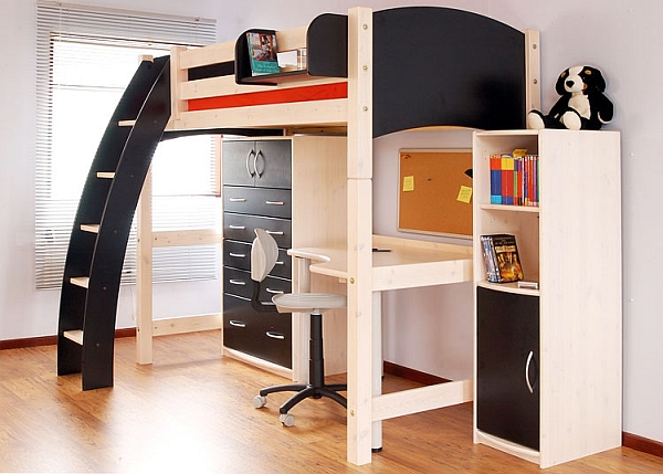 white bunk bed with desk underneath