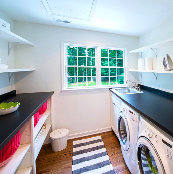 Bright red baskets on laundry room shelving