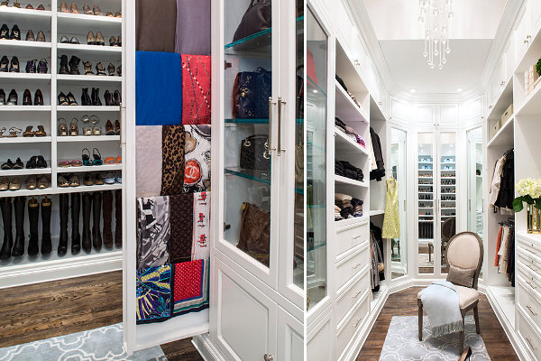 Built-in rod provides scarf storage in a beautiful closet