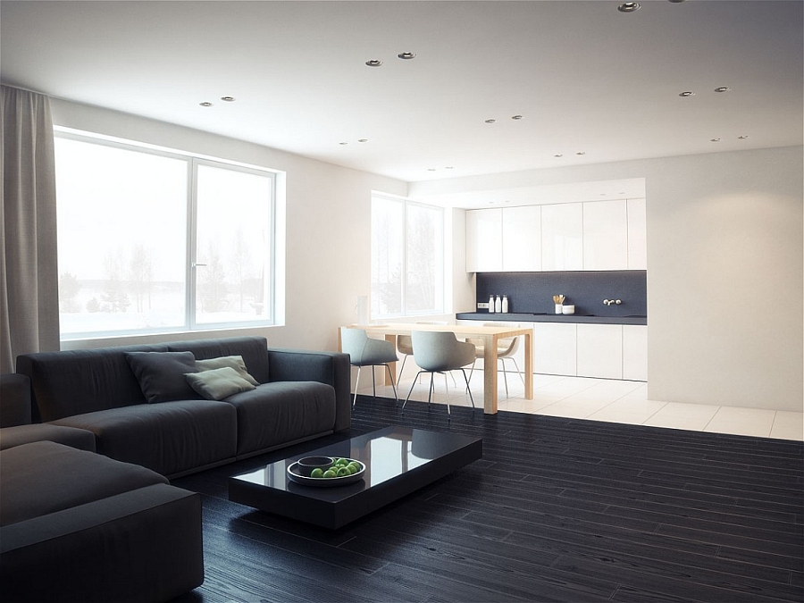 Elegant kitchen and dining area in the minimalist apartment