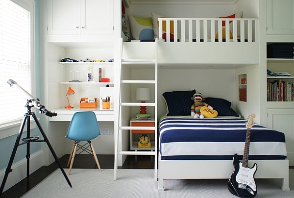 Exquisite small bedroom bunk bed idea with a table below