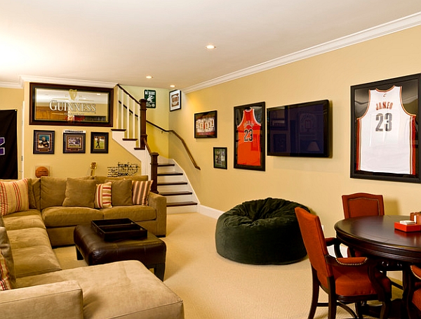 Framed basketball jerseys look cool in the contemporary media room