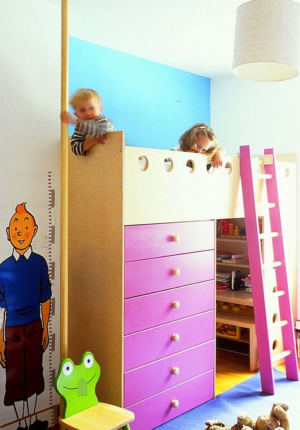 Hide away all the mess in the bedroom using a loft bed with storage cabinets