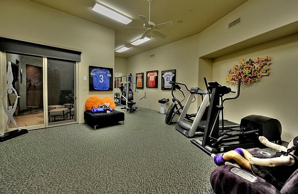 Home gym with frame jerseys on the wall