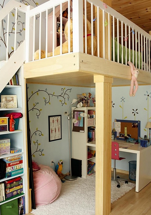 Kids' loft bed with study desk and play area underneath