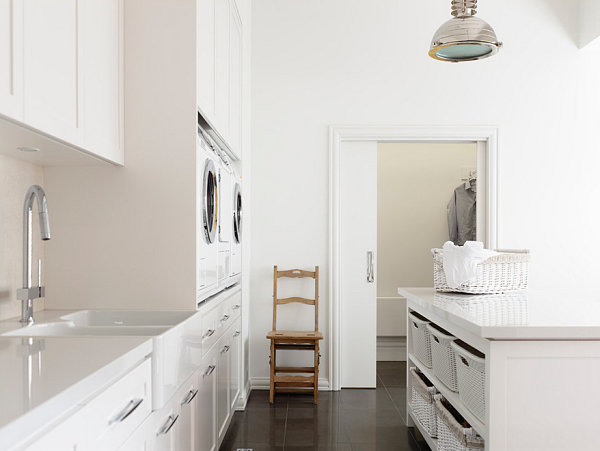 Laundry room cabinets and island shelving