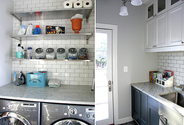 Laundry room with open shelving and subway tile