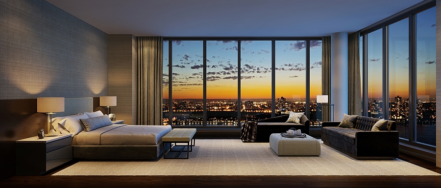 Lavish bedroom of the residence at One Riverside Park with New York City view