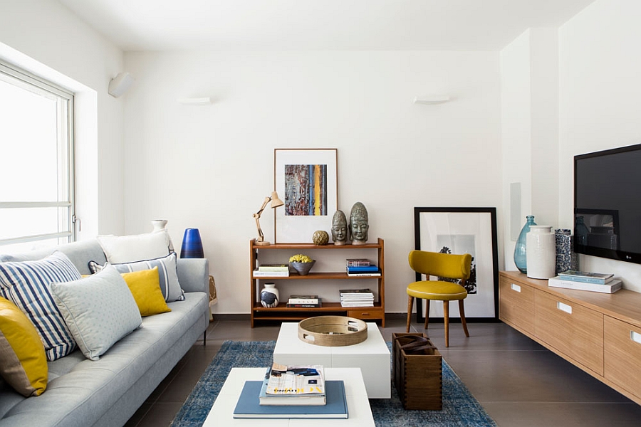 Living room with bold yellow and blue accents