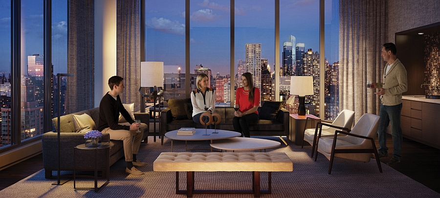 Media room with views of New York City Skyline