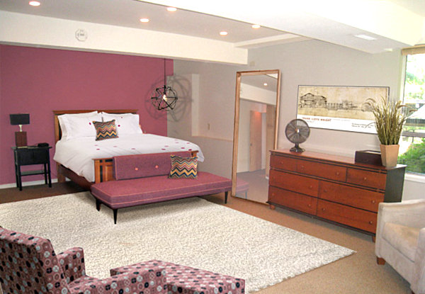 Mid-Century modern bedroom with a raisin color scheme