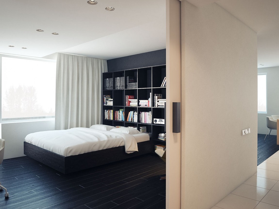 Minimalist bedroom in bold, dark shades