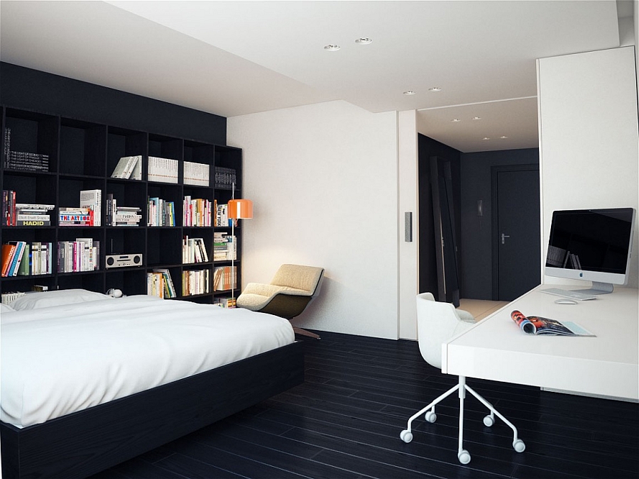 Minimalist bedroon in black and white with reading nook and workstation