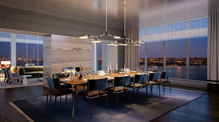 New York City Residence Dining Room with Hudson River as the backdrop