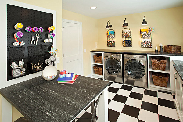 Organized laundry room filled with storage options