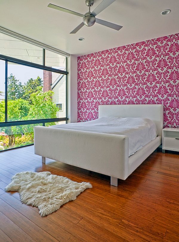 Pink patterned wallpaper for the bedroom accent wall