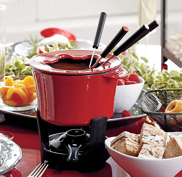 Red enamel fondue set