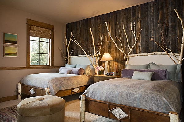 Rustic bedroom idea with wooden accent wall