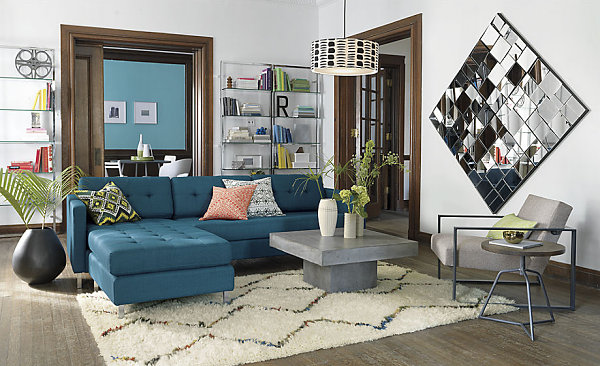 Sectional sofa in peacock blue