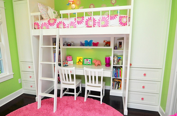 Space-saving loft bed idea with desk for girls' bedroom