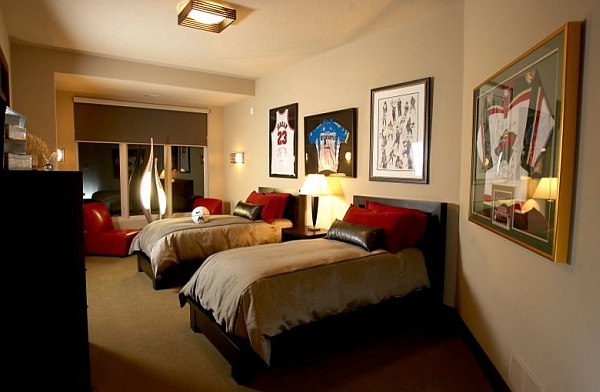 Sports themed teen room with framed jerseys on the wall