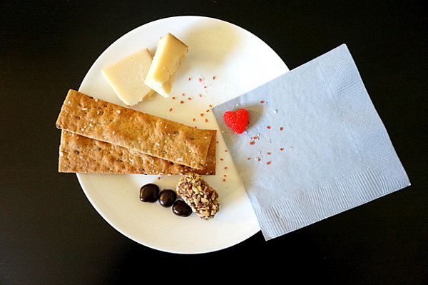 Valentine's Day party plate with cheese and chocolate